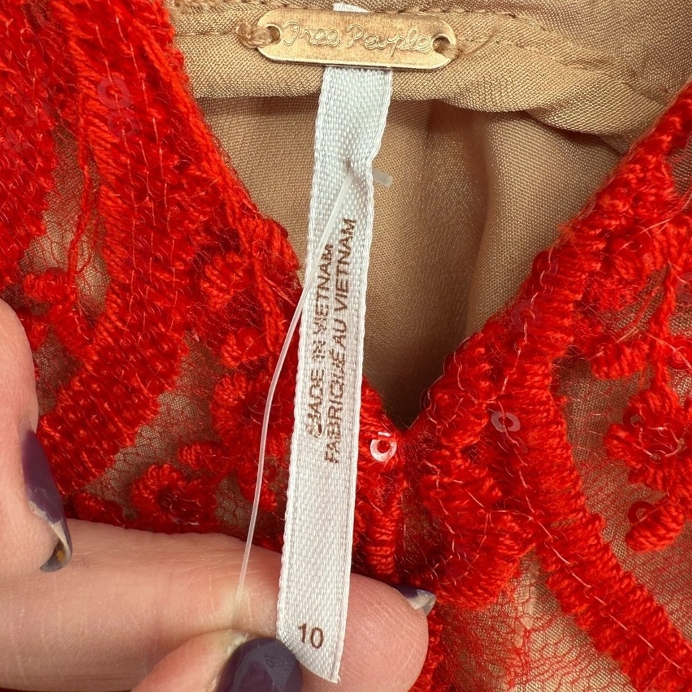 NWT Free People Night Shimmers Mini Dress Red Lace Sequin V Neck Size 10 Glam - Picture 3 of 16